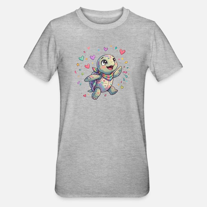 Rainbow Turtle with Heart Patterns - Unisex Polycotton T-Shirt - heather grey