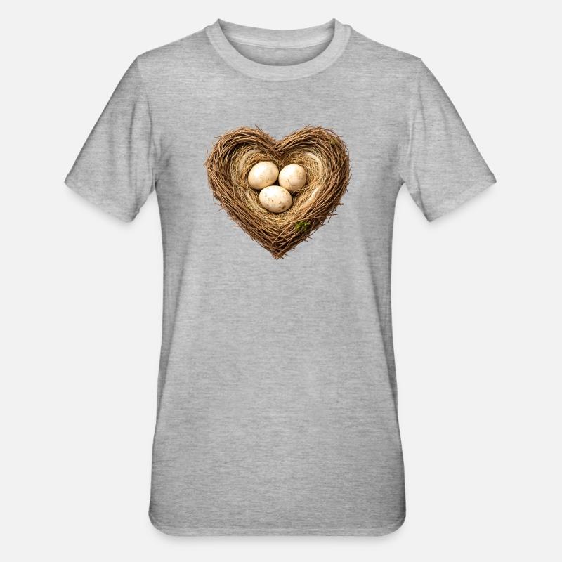 Herzförmiges Vogelnest mit Eiern - Unisex Polycotton T-Shirt - Grau meliert