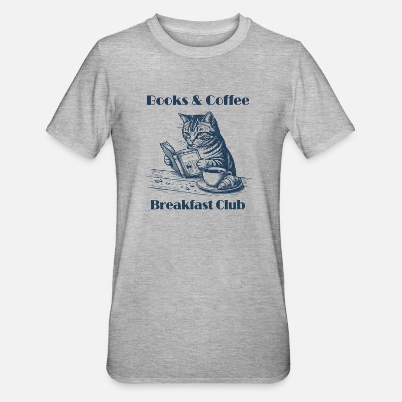Books & Coffee Cat – Cozy Reader Design - T-shirt polycoton Unisexe - gris chiné