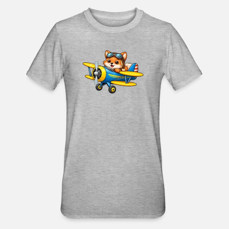 Fuchs Pilot Doppeldecker Flugzeug Cartoon   - Unisex Polycotton T-Shirt - Grau meliert