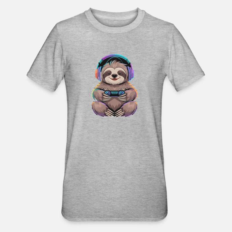  Faultier Gamer Mit Controller Und Bunter - Unisex Polycotton T-Shirt - Grau meliert
