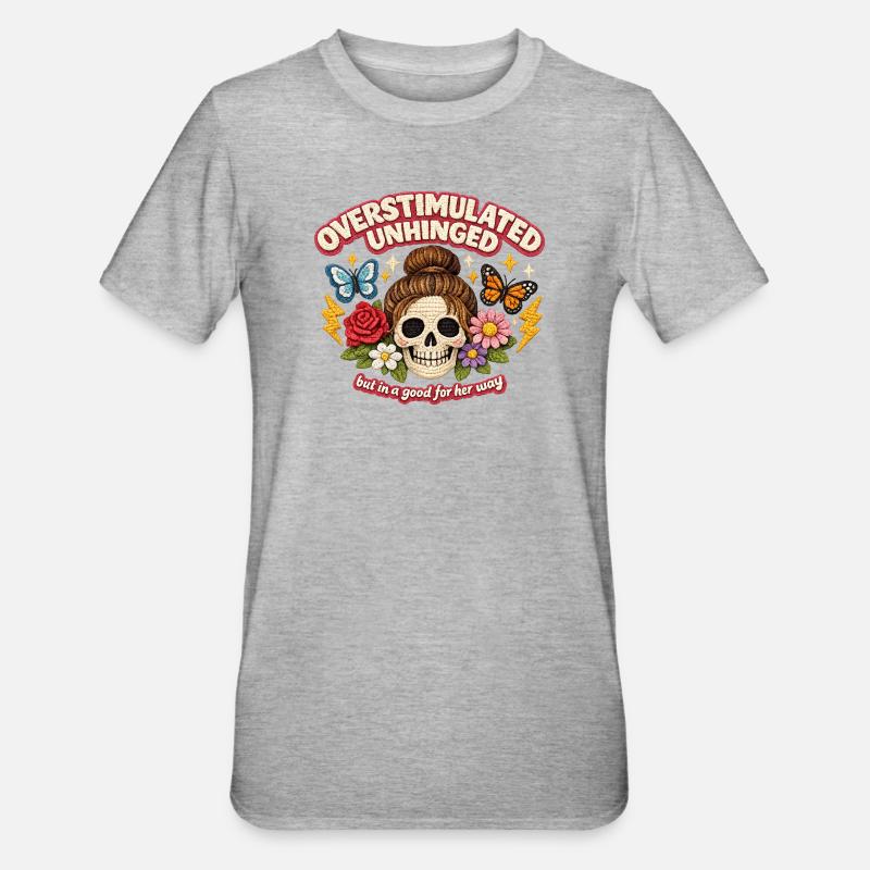 Überstimulierter Schädel mit Blumen Patch - Unisex Polycotton T-Shirt - Grau meliert