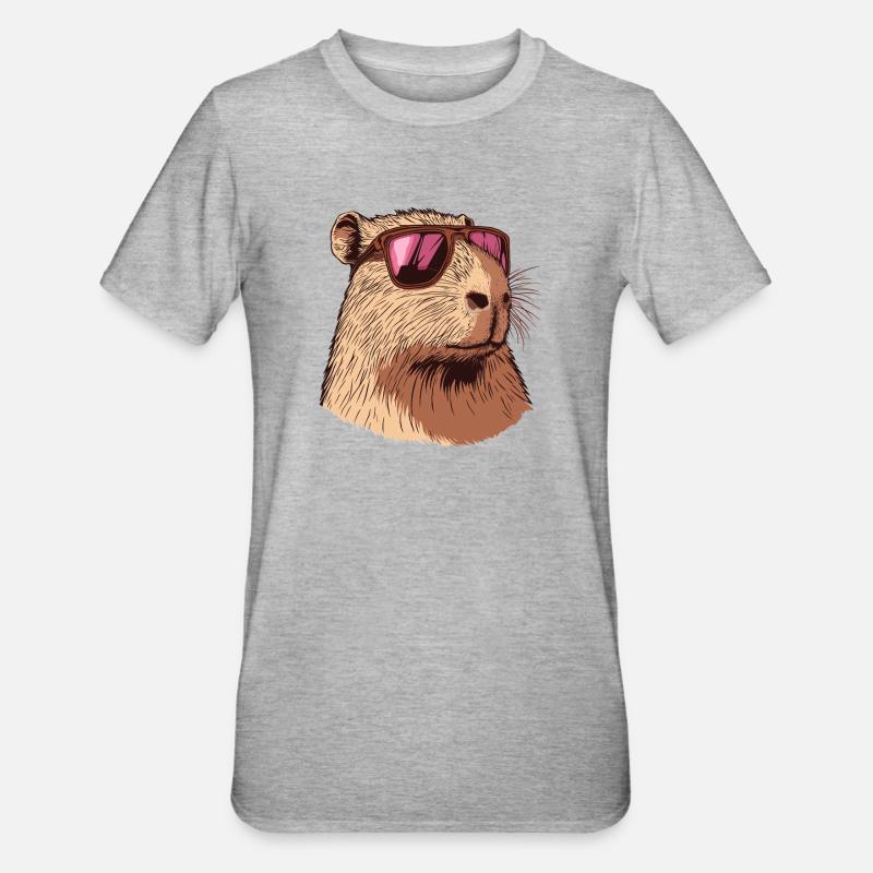 Capybara mit Pinker Sonnenbrille - Unisex Polycotton T-Shirt - Grau meliert
