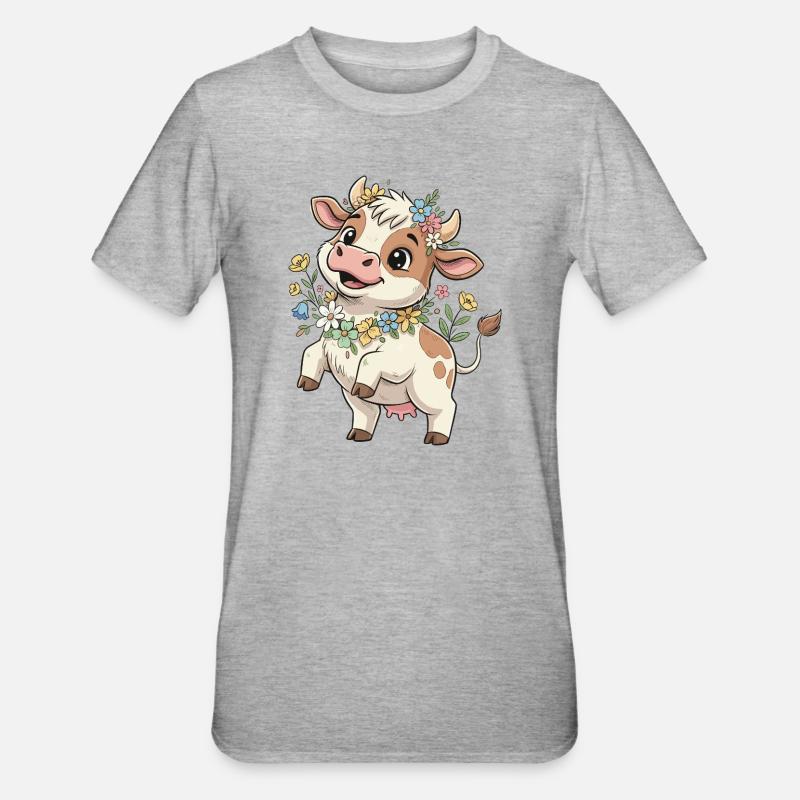 Vache avec une couronne de fleurs - T-shirt polycoton Unisexe - gris chiné