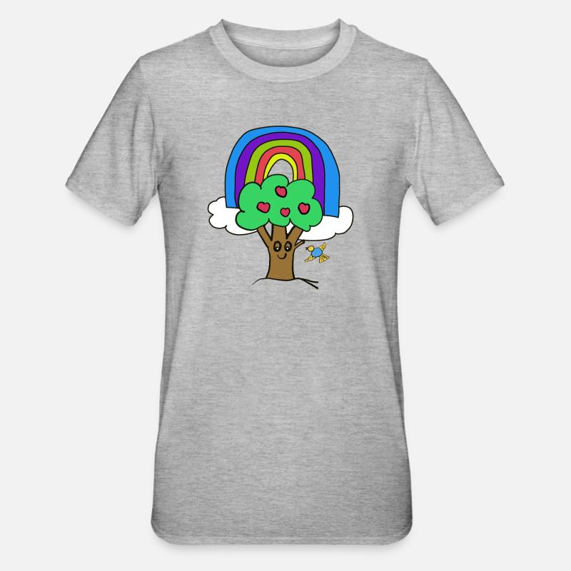Baum Regenbogen Kind Vogel Märchen - Unisex Polycotton T-Shirt - Grau meliert