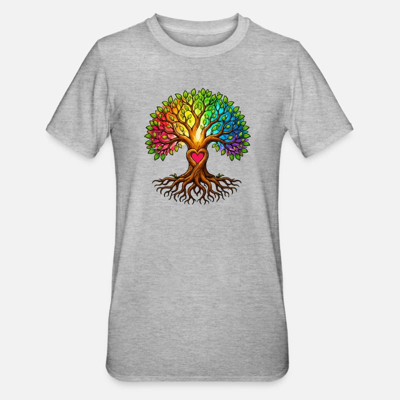 Baumherz Lebensbaum Regenbogen - Unisex Polycotton T-Shirt - Grau meliert