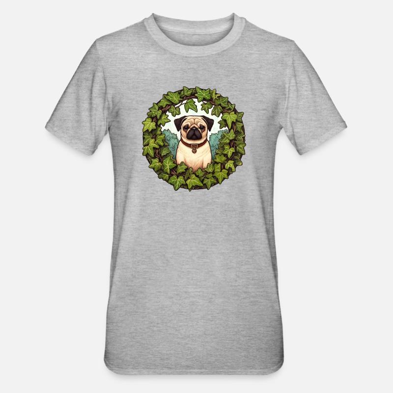 Mops im Efeukranz - Unisex Polycotton T-Shirt - Grau meliert