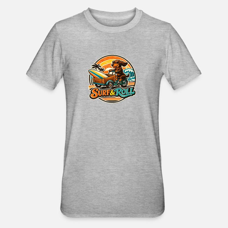 Surf & Roll Dachshund with Surfboard - Unisex Polycotton T-Shirt - heather grey
