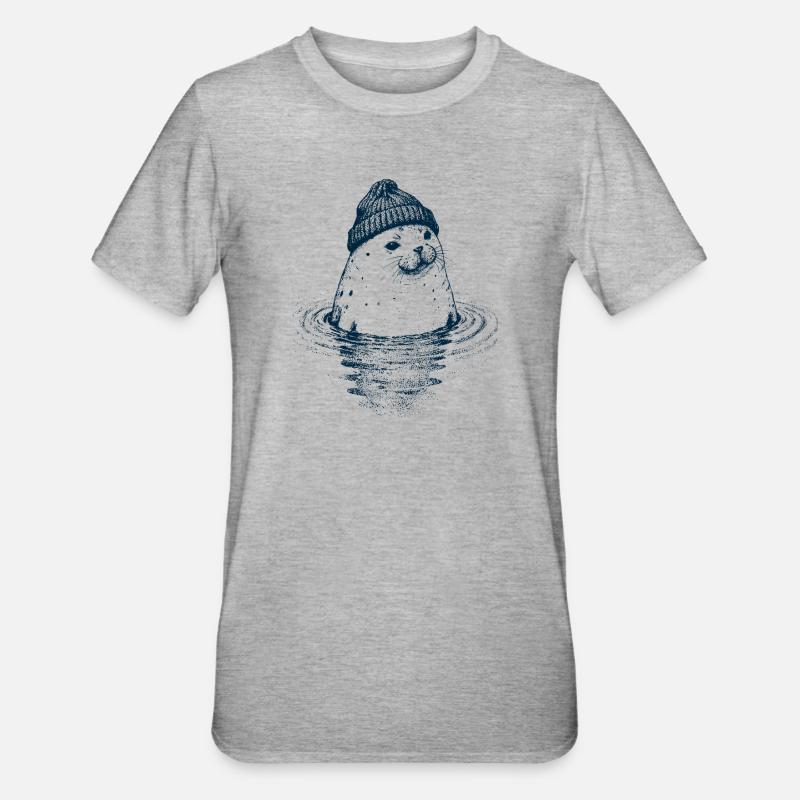 Robbe mit Mütze - Unisex Polycotton T-Shirt - Grau meliert