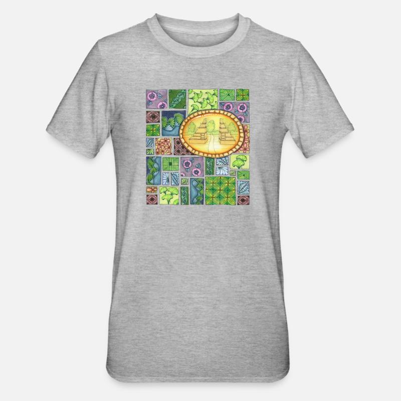 Bali temple on pattern patchwork - Unisex Polycotton T-Shirt - Grau meliert
