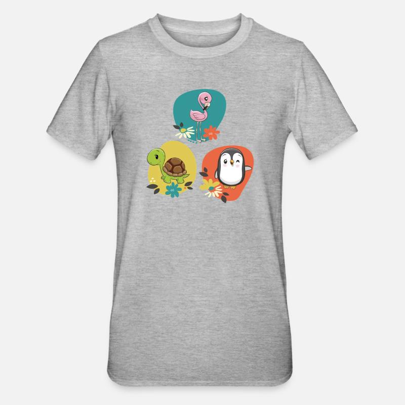 Flamingo Turtle Penguin - Unisex Polycotton T-Shirt - heather grey