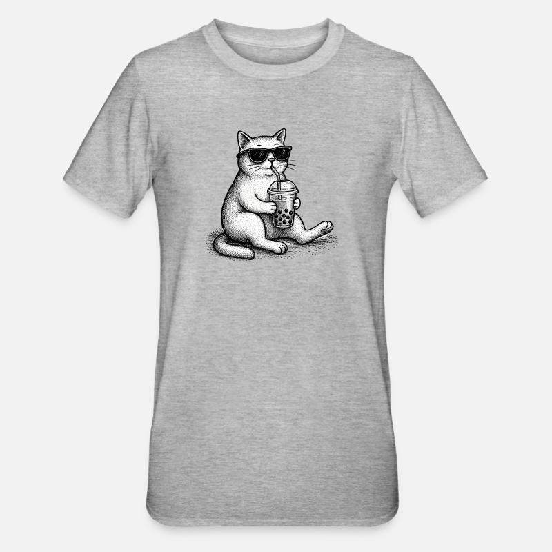 Bubble Tea Cat - T-shirt polycoton Unisexe - gris chiné