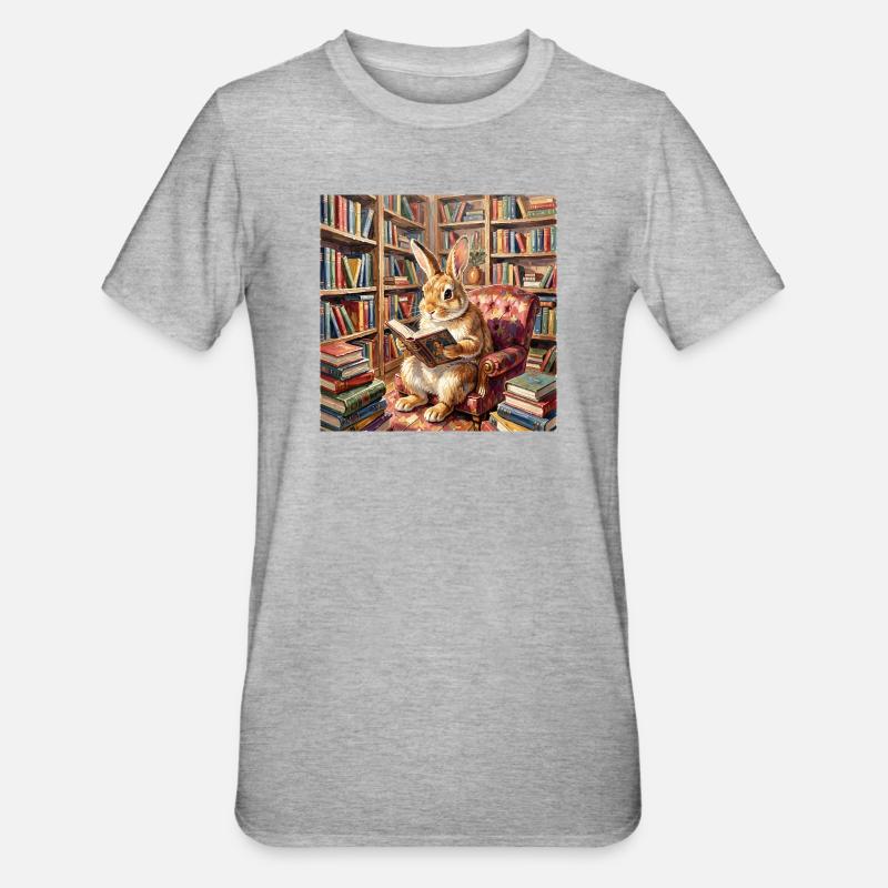 Library Rabbit Reading Portrait - Unisex Polycotton T-Shirt - heather grey