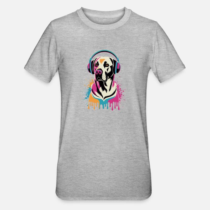 Labrador mit Kopfhörern - Unisex Polycotton T-Shirt - Grau meliert