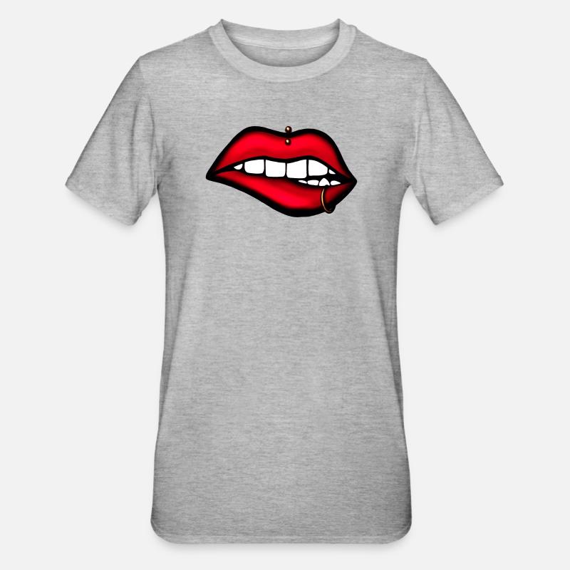 Lippen mit Piercing – Ästhetisches Design - Unisex Polycotton T-Shirt - Grau meliert