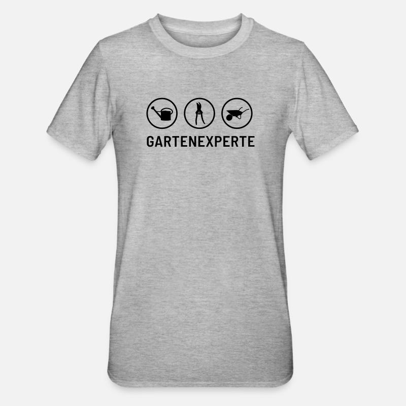 Gartenexperte: Gießkanne, Heckeschere, Schubkarre - Unisex Polycotton T-Shirt - Grau meliert