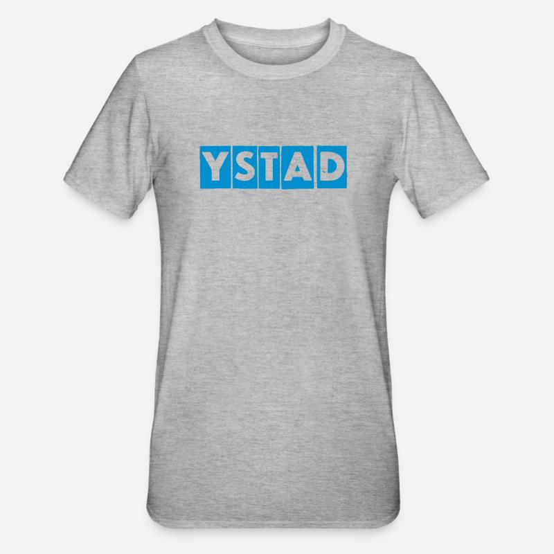 Ystad – Conception de texte bleu - T-shirt polycoton Unisexe - gris chiné