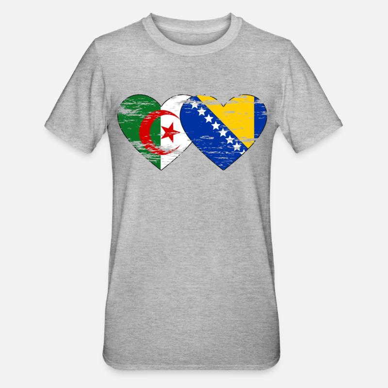 Algérie Bosnie drapeau coeur utilisé - T-shirt polycoton Unisexe - gris chiné