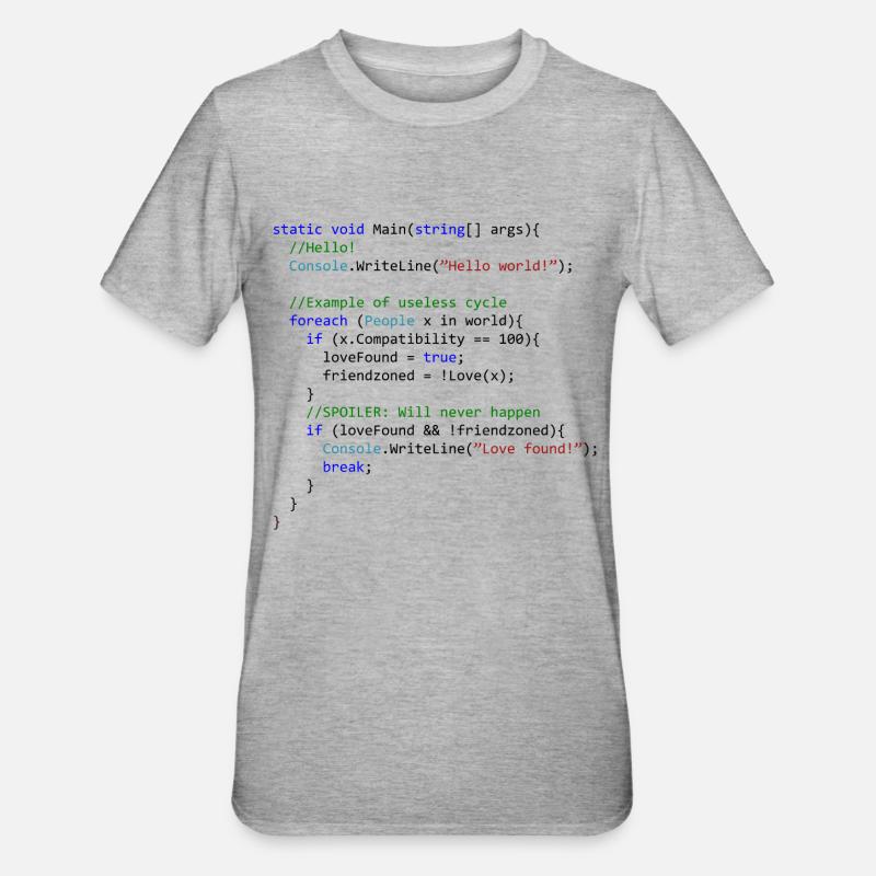 L'amour vu par un programmeur C # - T-shirt polycoton Unisexe - gris chiné