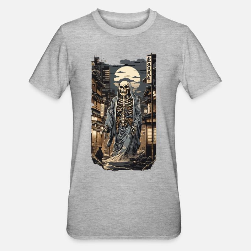 Ukiyo-E Yokai Scheletro Demone Edo Design Vintage - Maglietta unisex, mix cotone e poliestere - grigio melange