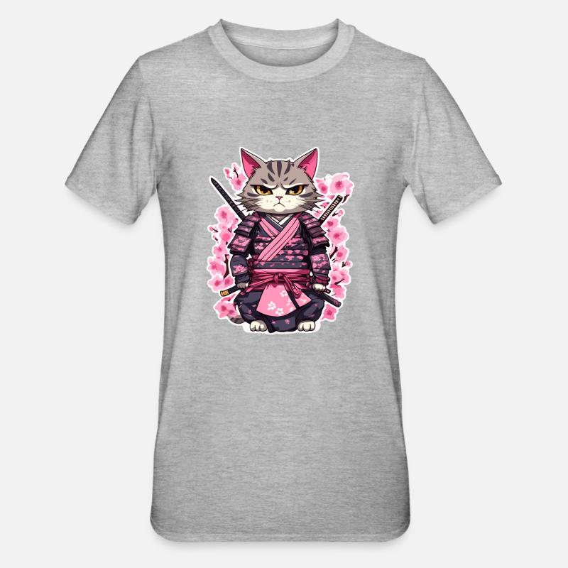 Samurai Cat & Cherry Blossoms #7 - Unisex Polycotton T-Shirt - heather grey