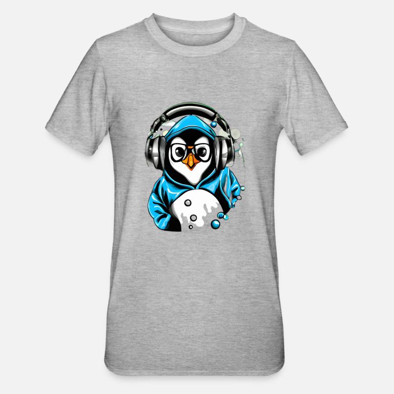 Pinguin mit blauen Pullover - Unisex Polycotton T-Shirt - Grau meliert