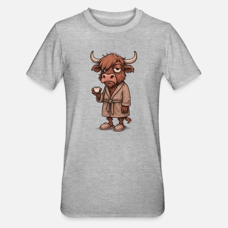 Vache des Highlands Grumpy avec café – Râle du matin - T-shirt polycoton Unisexe - gris chiné