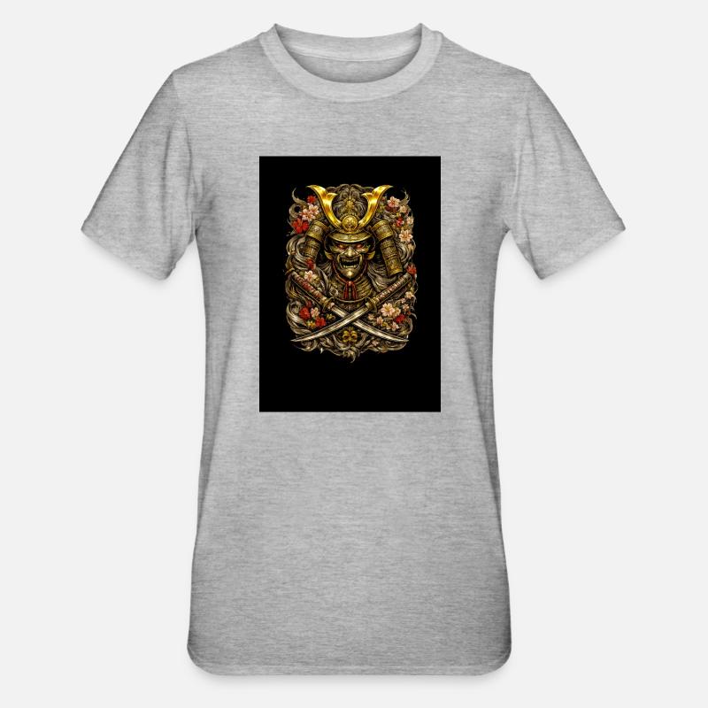 Casque en fleurs de samouraï - T-shirt polycoton Unisexe - gris chiné
