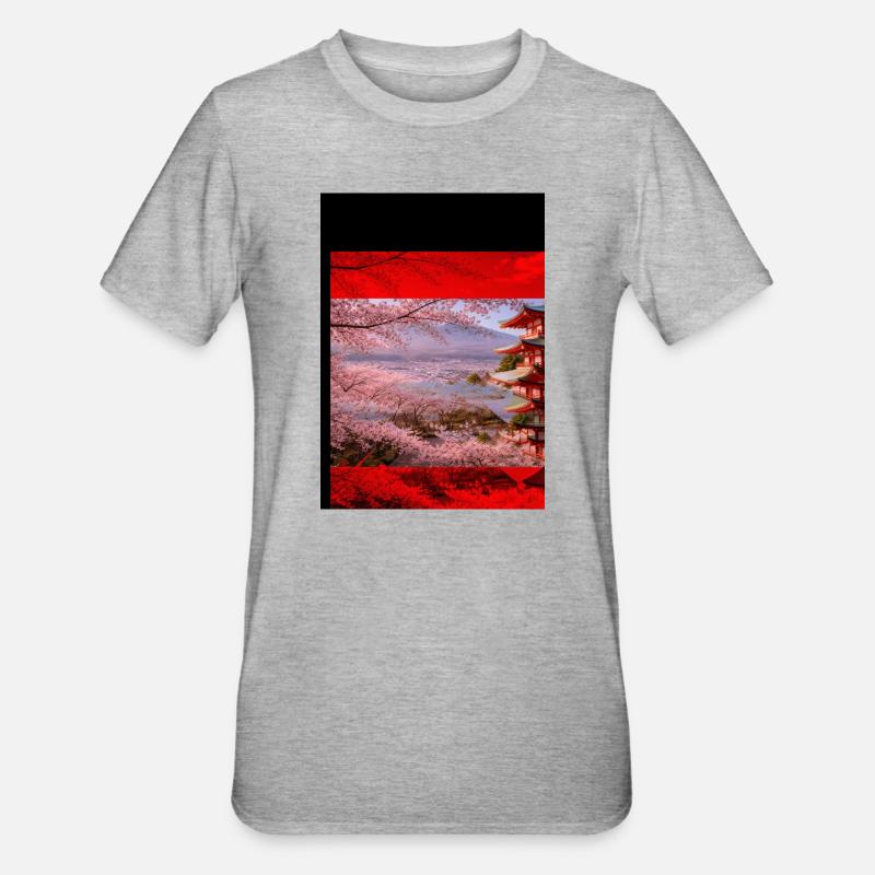 Kirschblütenpagode Szene - Unisex Polycotton T-Shirt - Grau meliert