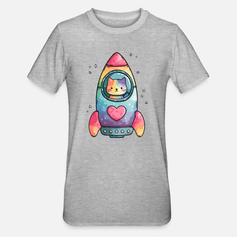 Rainbow Rocket Cat Heart - Unisex Polycotton T-Shirt - heather grey