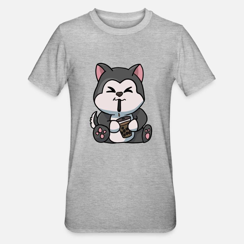 Anime Kawaii Bubble Tea Drinking Husky Hand Drawn - Unisex Polycotton T-Shirt - heather grey