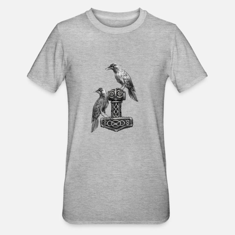 Thor Hammer Mjölnir with Odin Ravens Hugin and Munin - Unisex Polycotton T-Shirt - heather grey