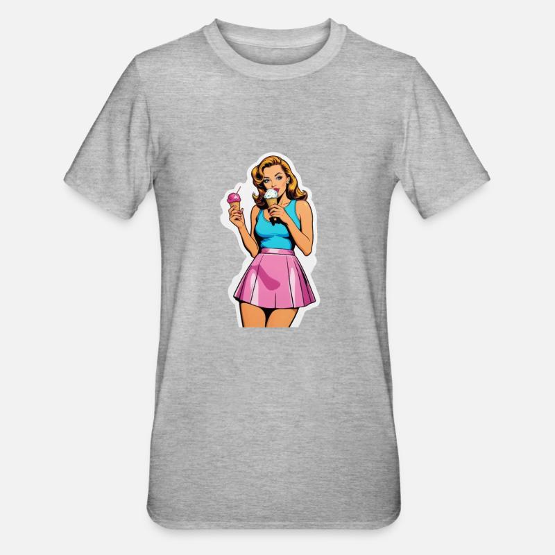 Retro Mädchen Eis essen - Unisex Polycotton T-Shirt - Grau meliert