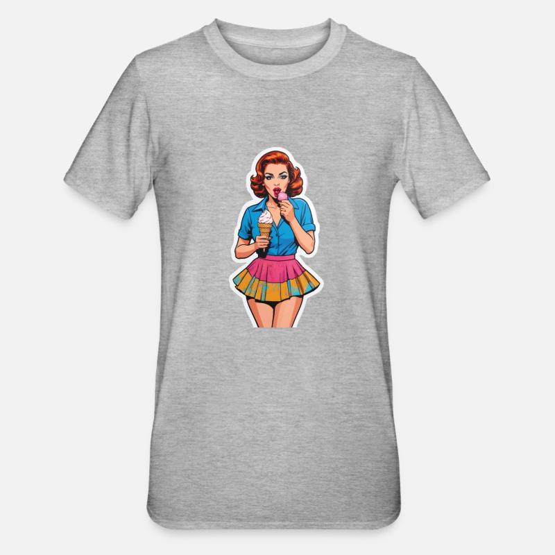 Retro Mädchen Eis essen - Unisex Polycotton T-Shirt - Grau meliert