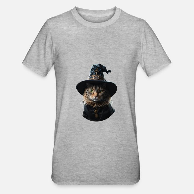 Chat sorcière Halloween - T-shirt polycoton Unisexe - gris chiné
