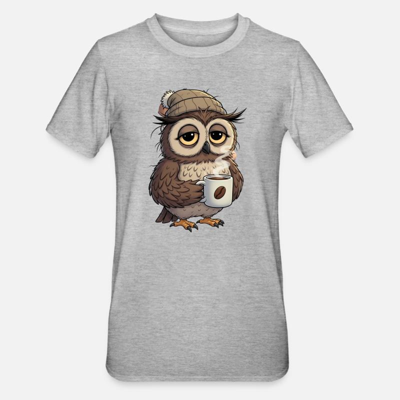 Verschlafene Eule Mit Kaffeetasse Cartoon - Unisex Polycotton T-Shirt - Grau meliert