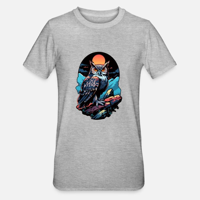 Große Eule Uhu bei Mondlicht - Unisex Polycotton T-Shirt - Grau meliert