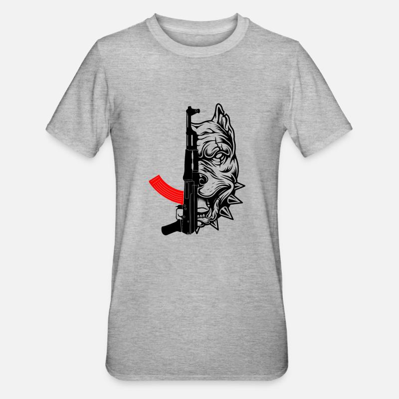 Pitbull avec AK47 - T-shirt polycoton Unisexe - gris chiné