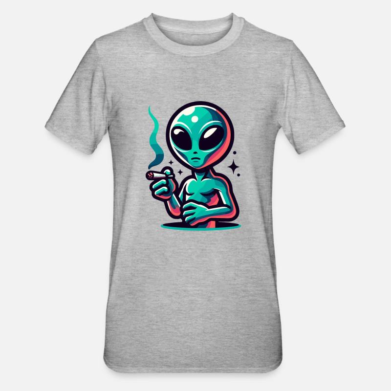 Alien mit Joint Zigarette rauchen - Unisex Polycotton T-Shirt - Grau meliert