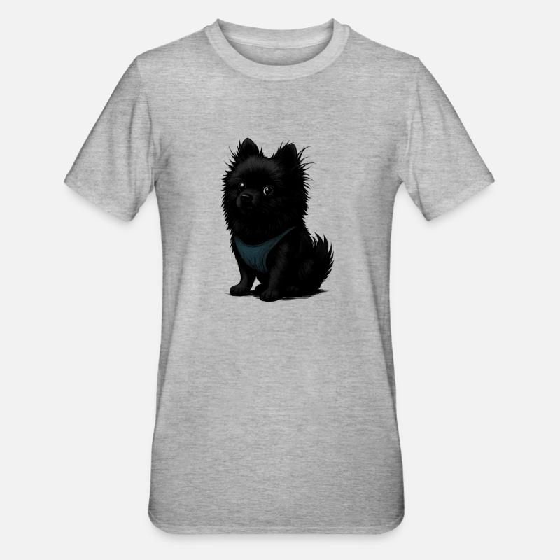 Schwarzer Spitz Hund mit blauer Weste - Unisex Polycotton T-Shirt - Grau meliert
