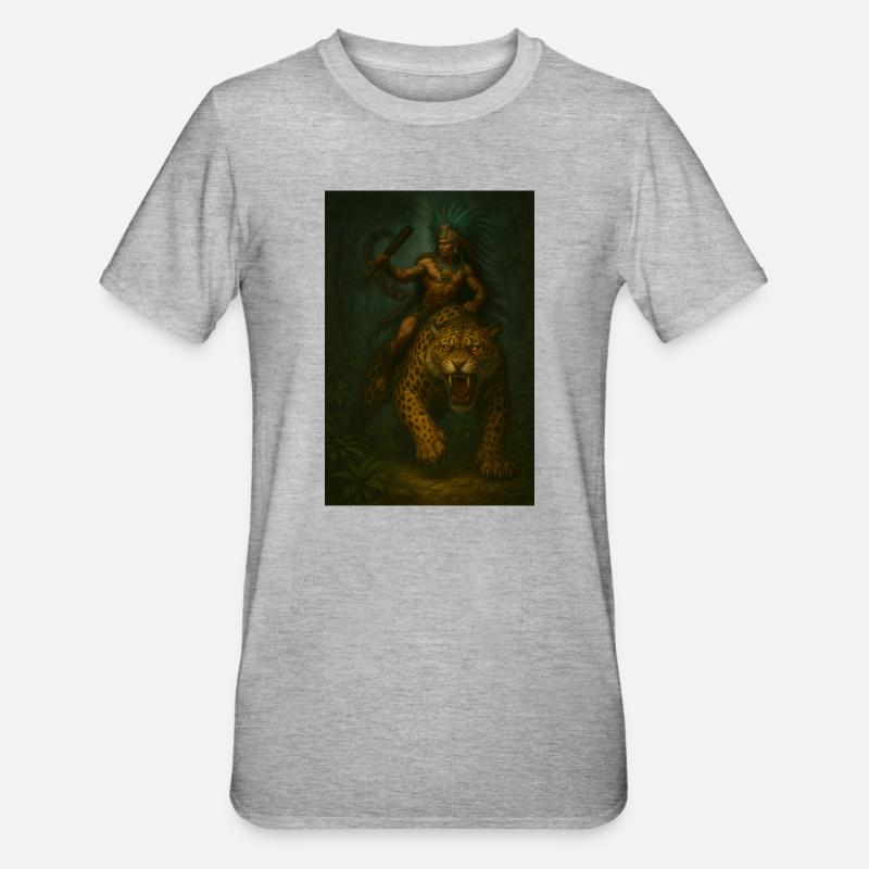 Chaman Apache sur Jaguar dans la Forêt Mystique - T-shirt polycoton Unisexe - gris chiné