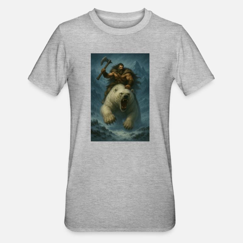 Wikingerkrieger auf Eisbär – Fa-Illustration - Unisex Polycotton T-Shirt - Grau meliert