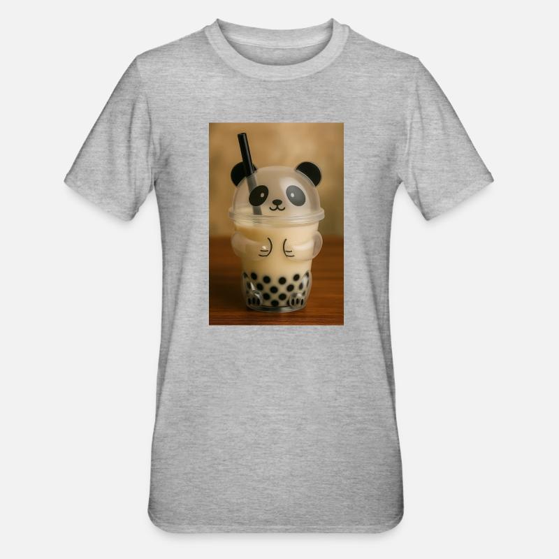 Panda Bubble Tea Cup Grafik - Unisex Polycotton T-Shirt - Grau meliert