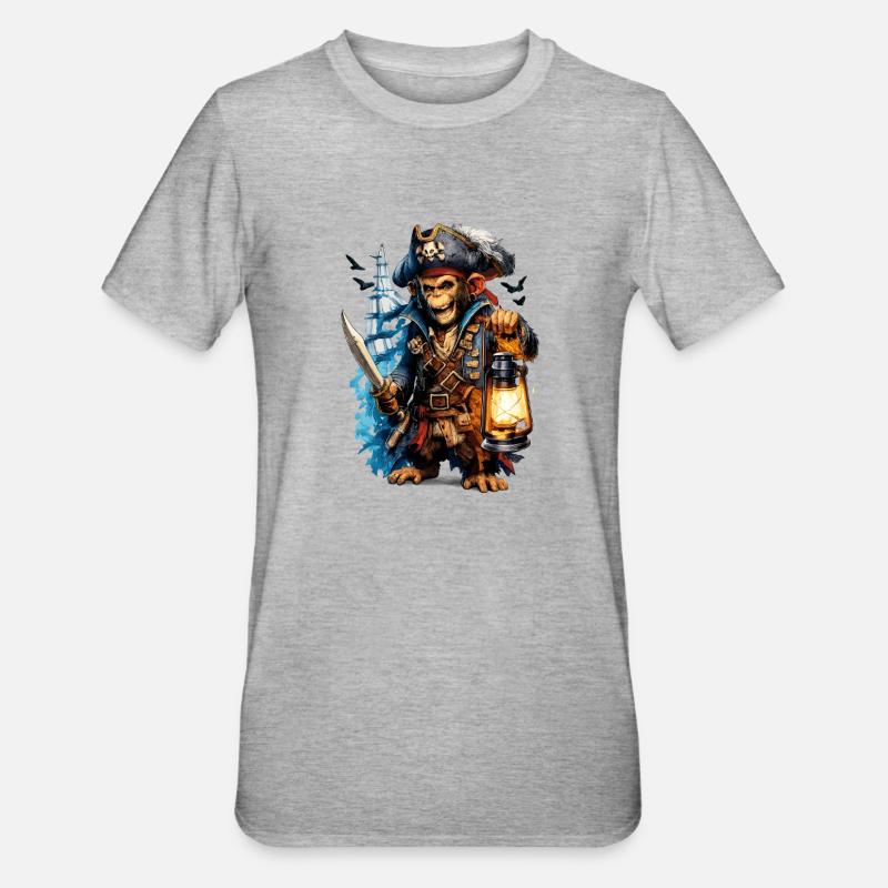 Singe pirate avec lanterne et épée - T-shirt polycoton Unisexe - gris chiné