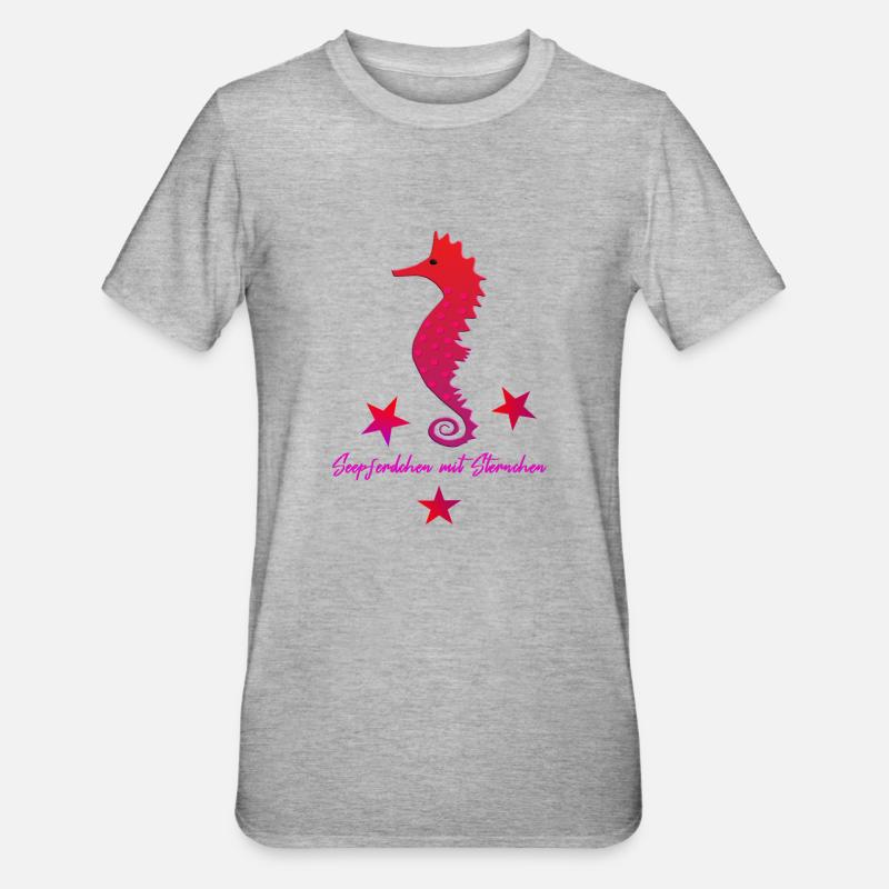rotes Seepferd mit Sternchen - Unisex Polycotton T-Shirt - Grau meliert