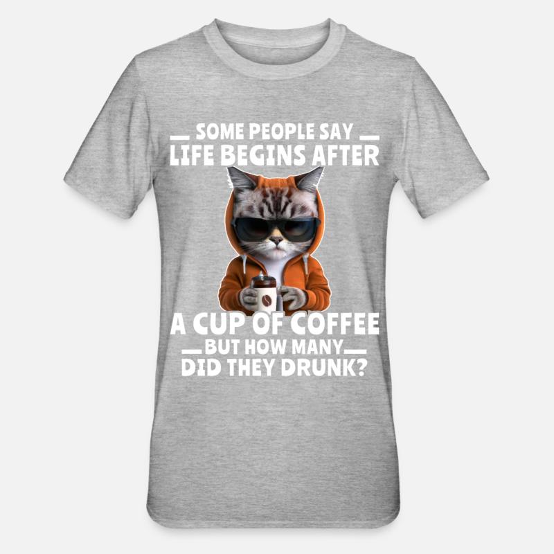 Coffee Cat Coffee Drinker - Unisex Polycotton T-Shirt - heather grey