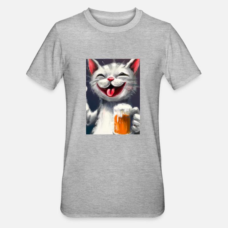 Glückliche Katze mit Bier - Unisex Polycotton T-Shirt - Grau meliert