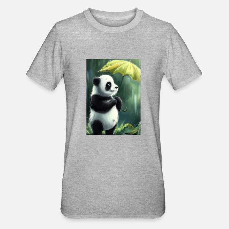 Panda mit Blattschirm - Unisex Polycotton T-Shirt - Grau meliert