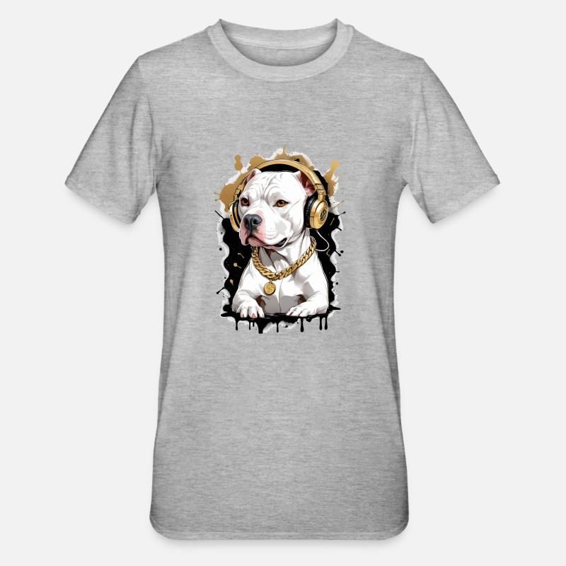 Chien bouledogue avec écouteurs - T-shirt polycoton Unisexe - gris chiné
