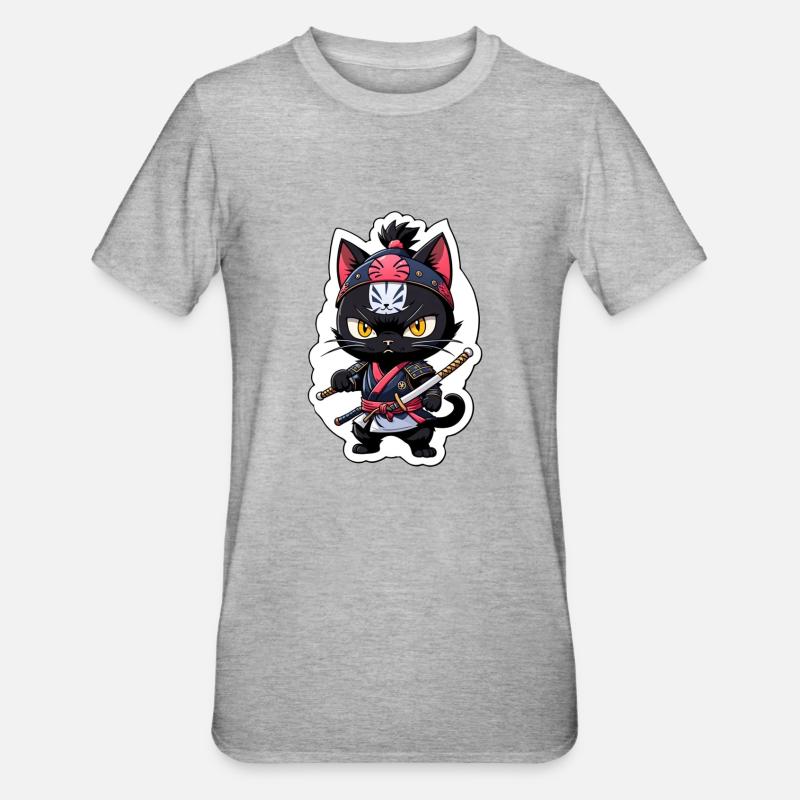 Ninja Katze - Samurai Kätzchen - Unisex Polycotton T-Shirt - Grau meliert